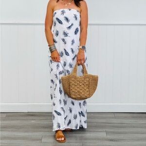 HYFVE White Strapless Maxi Dress with Navy Leaf Print